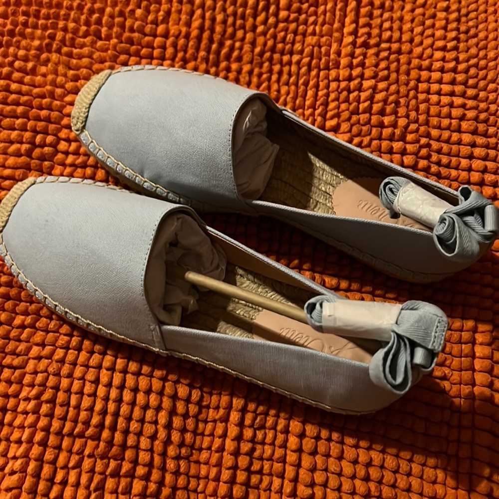 Baby blue espadrilles with ankle straps.